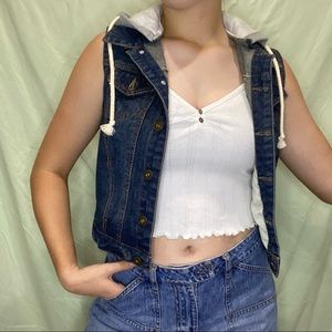 jean jacket vest with grey hood